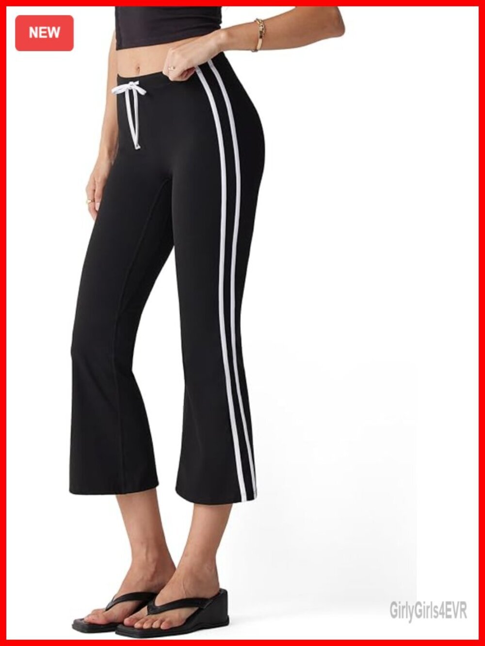 High Waisted Flare Capri Yoga Pants with Side Stripe, Nylon Spandex